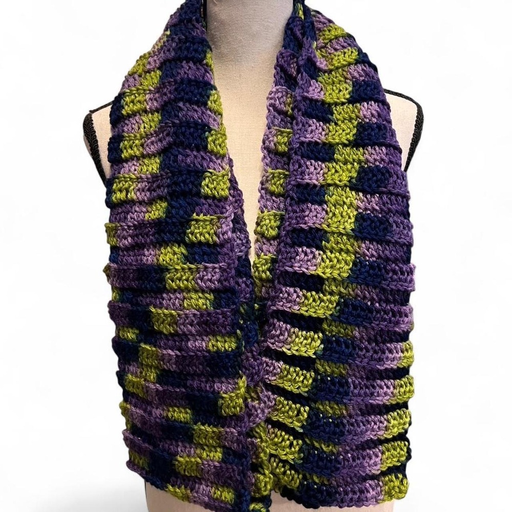 New Purple Green Navy & Lavender Crocheted Scarf Women's Soft Cozy Handmade